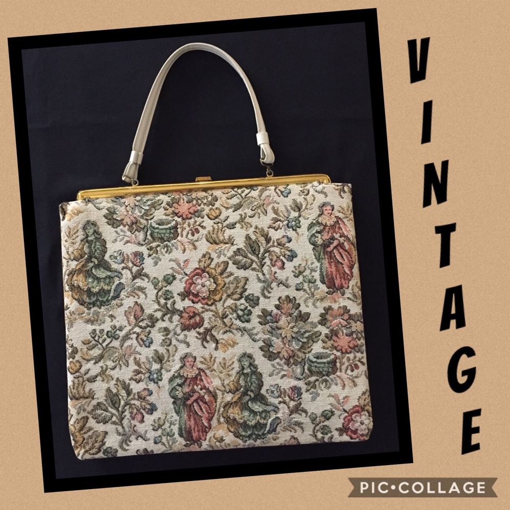 Vintage Floral Tapestry Handbag Purse With Gold Accents
